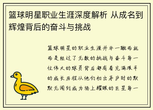 篮球明星职业生涯深度解析 从成名到辉煌背后的奋斗与挑战