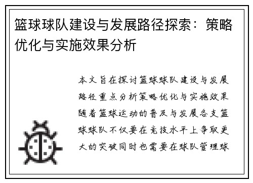 篮球球队建设与发展路径探索：策略优化与实施效果分析
