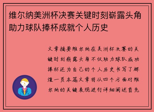维尔纳美洲杯决赛关键时刻崭露头角助力球队捧杯成就个人历史