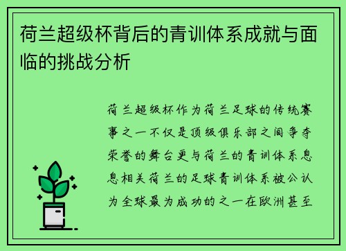 荷兰超级杯背后的青训体系成就与面临的挑战分析