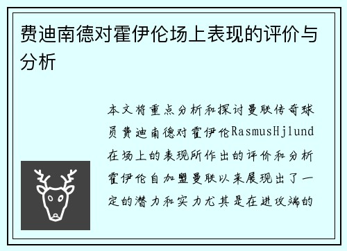 费迪南德对霍伊伦场上表现的评价与分析