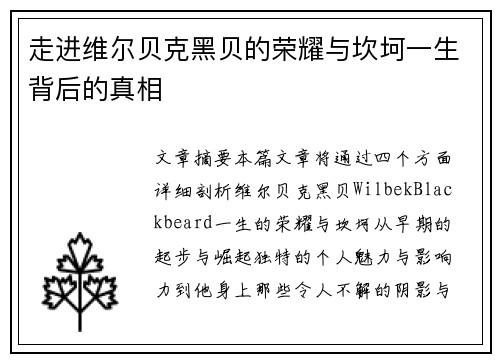 走进维尔贝克黑贝的荣耀与坎坷一生背后的真相